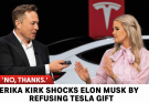  “NO, THANKS.” — ELON MUSK OFFERED HER A TESLA… AND ERIKA KIRK SHUT HIM DOWN IN TWO WORDS  When Elon Musk surprised Erika Kirk with the keys to a brand-new Tesla, expecting gratitude or at least a smile, the crowd leaned in. But what she said next left the entire room stunned. Just two words: “No, thanks.” No hesitation. No apology. Then came her quiet explanation — and it hit harder than any headline.  “Charlie didn’t die for luxury. He lived for faith, family, and truth. That’s what I drive forward.”  Why her refusal is going viral — and what it says about America’s changing idea of success. Watch the full moment 